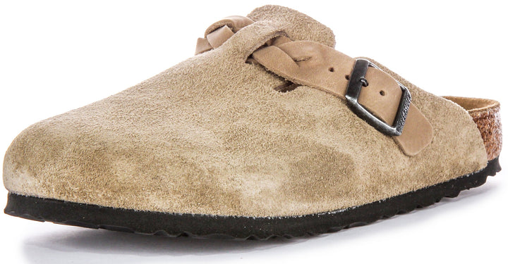 Birkenstock Boston Clogs | Taupe suede leather - Braided Strap for Women